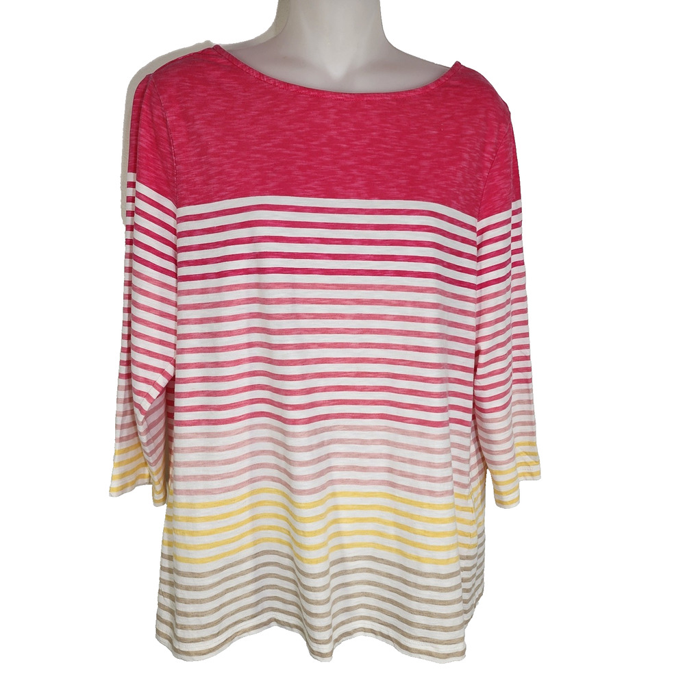 Chico’s Womens Top Large Multicolored Striped 3/4 Sleeve Cotton Round Neck Tee